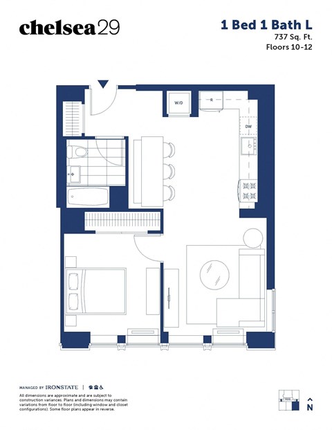 Floor plan for 1 bed, 1 bath, 737 sqft